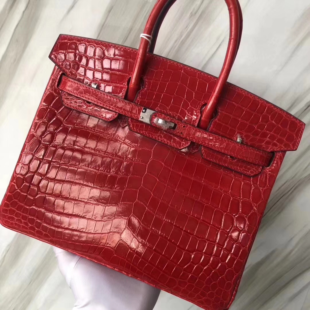 Hermès（爱马仕）Birkin Crocodile shiny 亮面鳄鱼 ck95 法拉利红 Braise 银扣 25cm