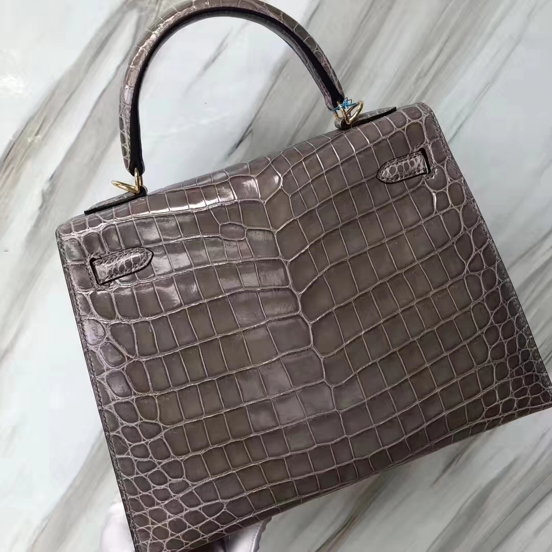 Hermès（爱马仕）Kelly凯莉包  shiny nilo crocodile 亮面两点尼罗鳄 ck81斑鸠灰 蜡线全手工 金扣 25cm