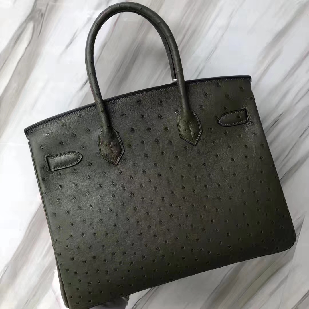 Hermès（爱马仕）Birkin铂金包 ostrich kk鸵鸟 V6丛林绿 顶级工艺 蜡线全手工 金扣 30cm
