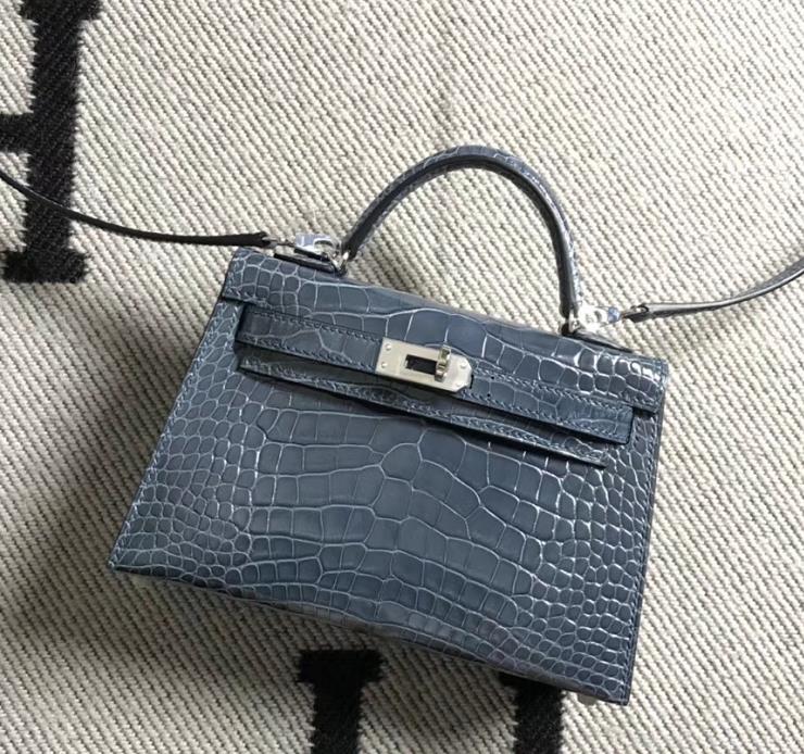 Hermès（爱马仕）mini 迷你凯莉 风暴蓝 美洲鳄鱼方块 银扣 2代