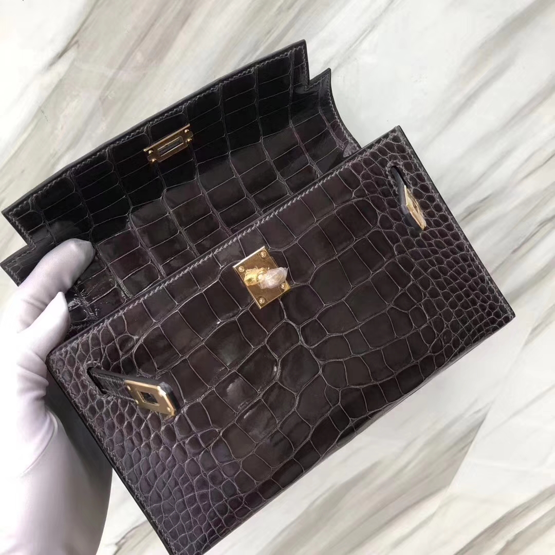 Hermès（爱马仕）Minikelly pochette 亮面鳄鱼 ck88 石墨灰 Graphite 金扣 22cm
