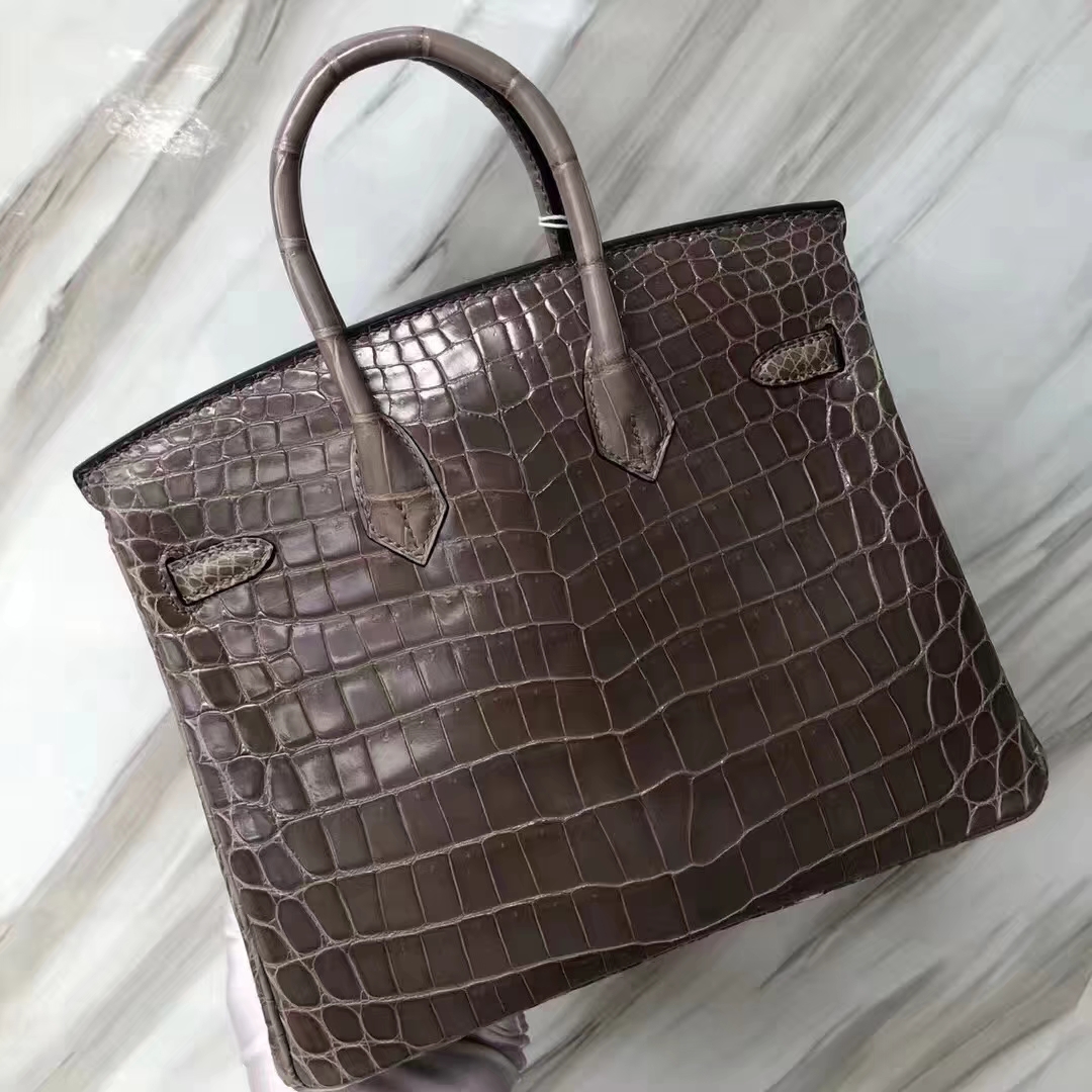 Hermès（爱马仕）Birkin shiny nilo crocodile 亮面两点尼罗鳄 ck81斑鸠灰 蜡线全手工 金扣 25cm