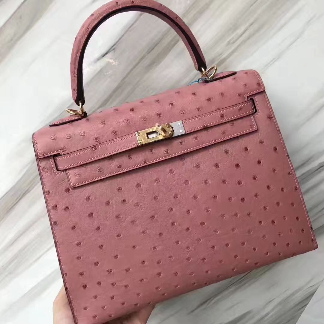 Hermès（爱马仕）Kelly凯莉包 ostrich kk鸵鸟 ck94陶瓷粉 顶级工艺 蜡线全手工 25cm 现货