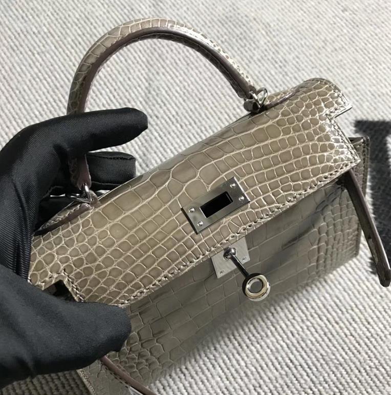 Hermès（爱马仕）mini 迷你凯莉 大象灰 美洲鳄鱼方块 银扣 2代