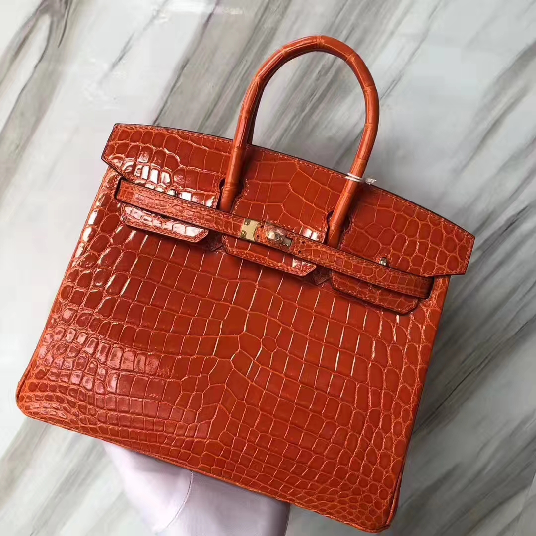 Hermès（爱马仕）Birkin Crocodile shiny 亮面鳄鱼 93橙色 orange 金扣 25cm