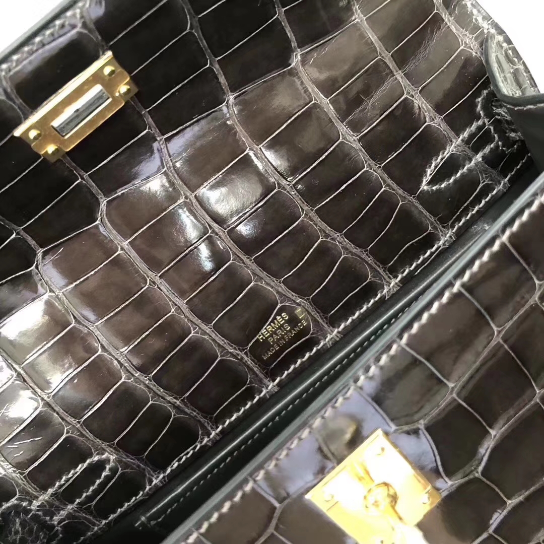 Hermès（爱马仕）Minikelly pochette 亮面鳄鱼 ck88 石墨灰 Graphite 金扣 22cm