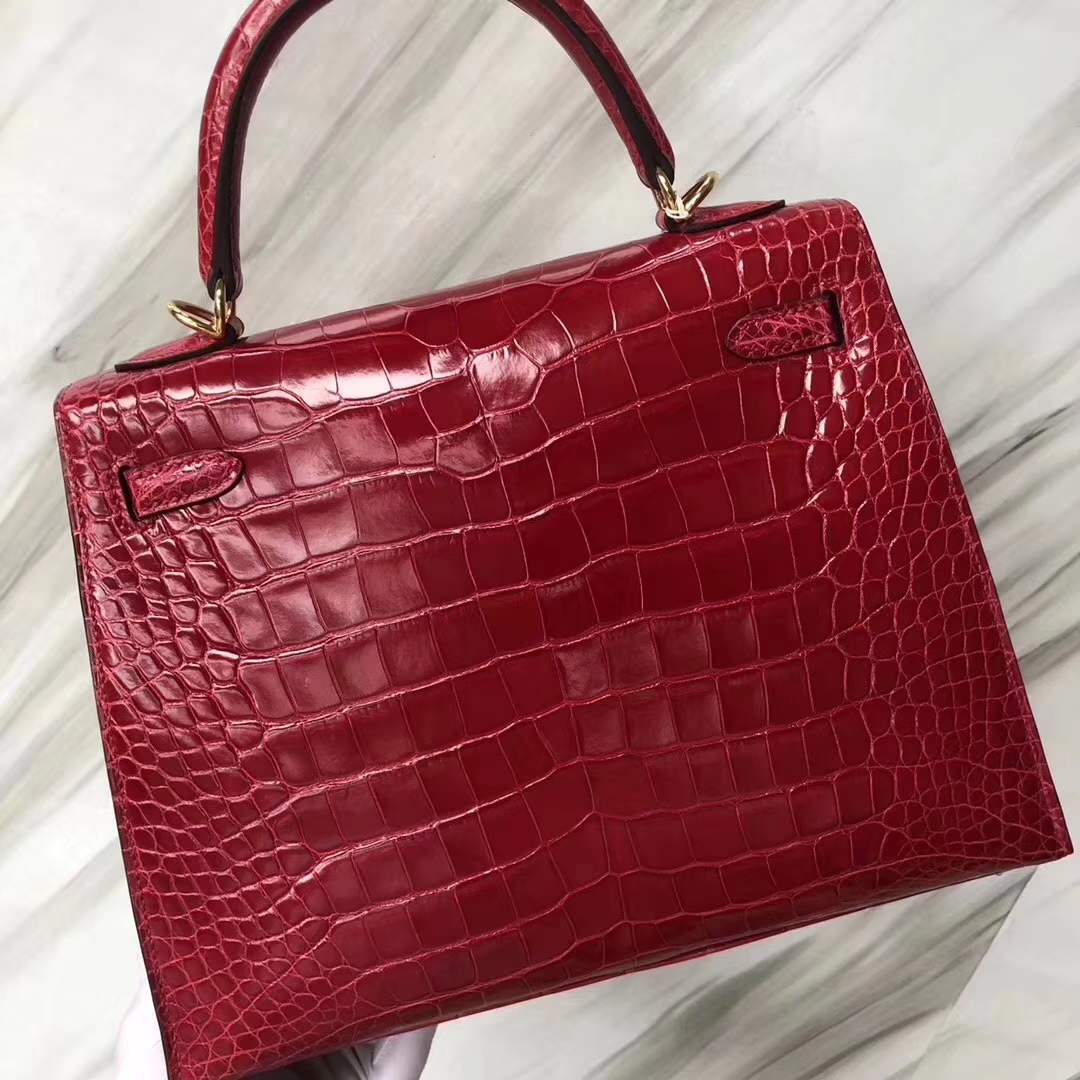 Hermès（爱马仕）Kelly凯莉包 Alligator shiny 亮面鳄鱼 ck95 法拉利红 Braise 金扣 25cm