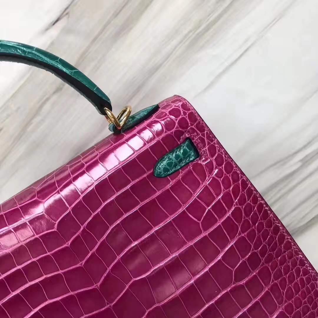 Hermès（爱马仕）Kelly 亮面澳洲湾鳄 J5 天方夜谭粉紫 6Ｑ翡翠绿 金扣 马蹄印 25cm