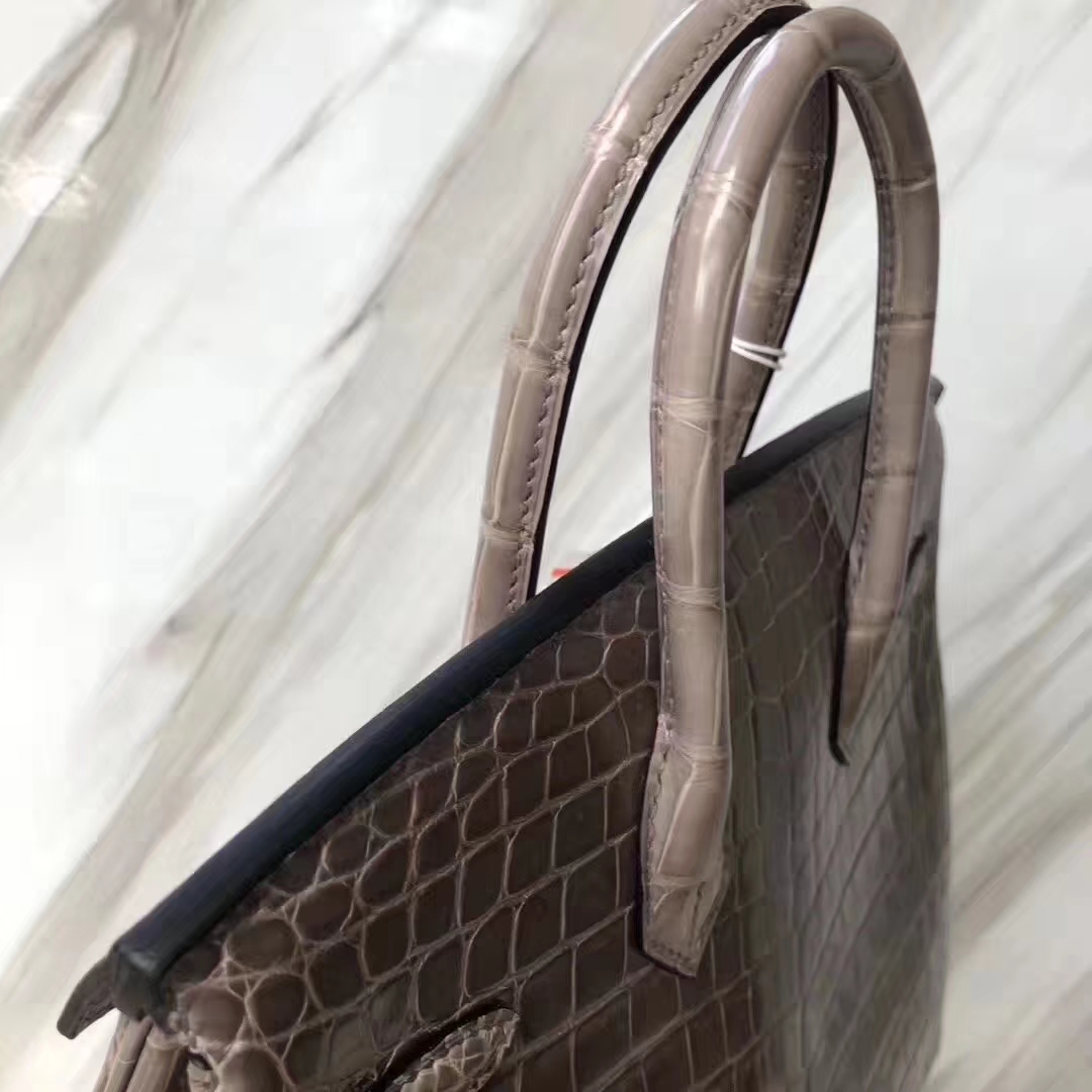 Hermès（爱马仕）Birkin shiny nilo crocodile 亮面两点尼罗鳄 ck81斑鸠灰 蜡线全手工 金扣 25cm