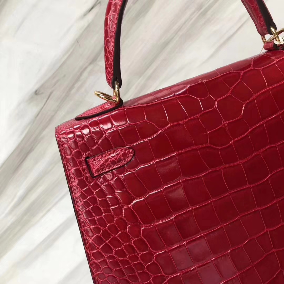 Hermès（爱马仕）Kelly凯莉包 Alligator shiny 亮面鳄鱼 ck95 法拉利红 Braise 金扣 25cm