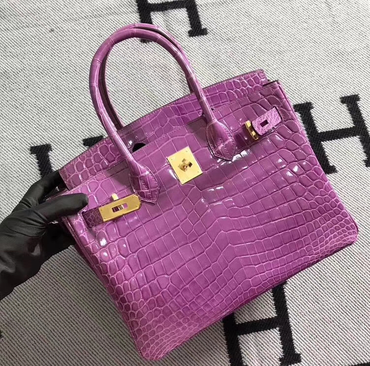 Hermès（爱马仕）Birkin铂金包 亮面鳄鱼皮 薰衣草紫 金扣 30cm