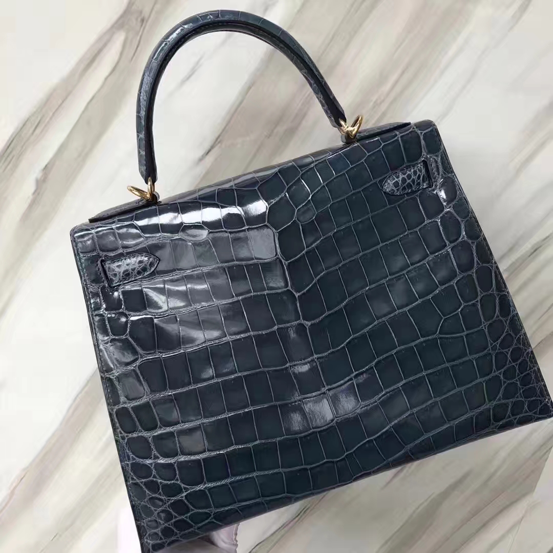 Hermès（爱马仕）Kelly凯莉包 Crocodile shiny 亮面鳄鱼1p 鸭子蓝 金扣 28cm