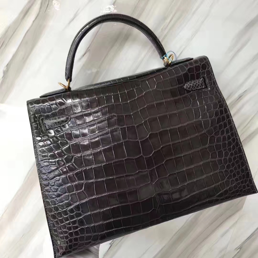 Hermès（爱马仕）Kelly凯莉包 shiny porosus 澳洲湾鳄 ck88石墨灰 蜡线全手工 金扣 32cm