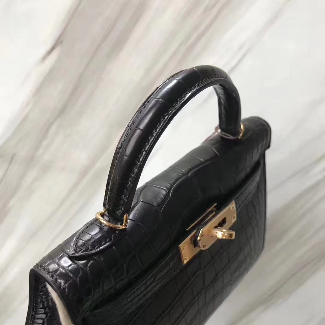 Hermès（爱马仕）Minikelly ll Alligator matt 雾面鳄鱼 ck89 黑色 noir 金扣 现货