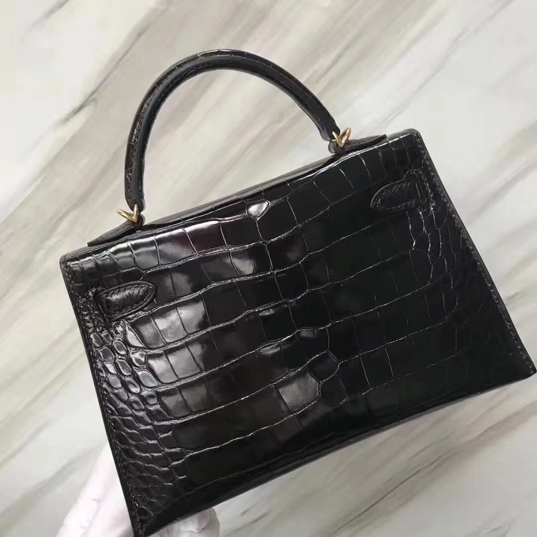 Hermès（爱马仕）Minikelly ll Alligator shiny 亮面鳄鱼 ck89 黑色 noir 金扣 现货
