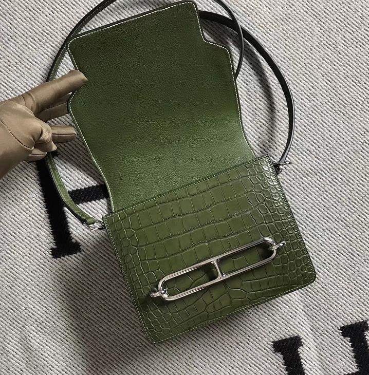 Hermès（爱马仕）Roulis猪鼻包 美洲配蜥蜴 森林绿 银扣 18cm