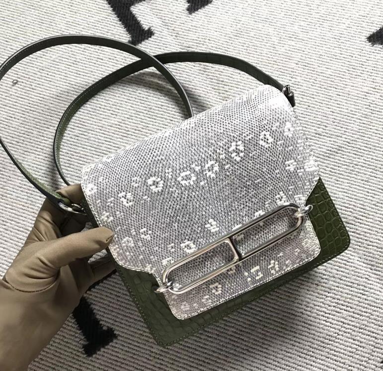 Hermès（爱马仕）Roulis猪鼻包 美洲配蜥蜴 森林绿 银扣 18cm