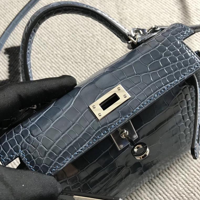 Hermès（爱马仕）mini 迷你凯莉 风暴蓝 美洲鳄鱼方块 银扣 2代