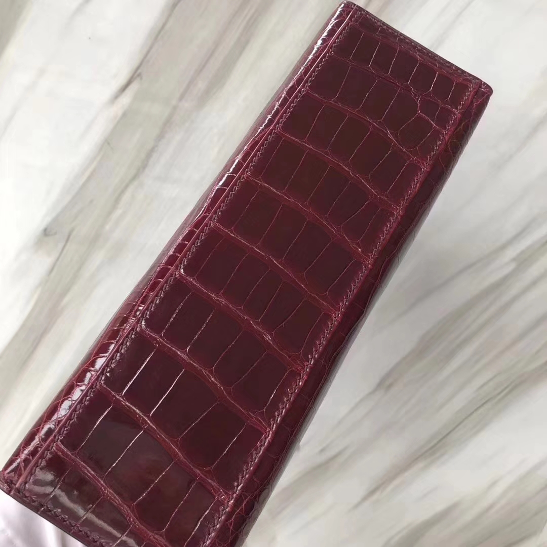 Hermès（爱马仕）Mini Kelly 亮面框框美洲鳄 F5勃艮第酒红 顶级工艺 蜡线全手工 银扣 22cm