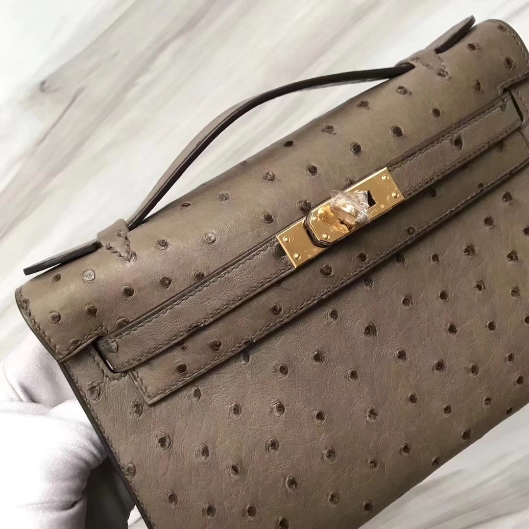 Hermès(爱马仕)Mini Kelly ostrich kk鸵鸟 ck18大象灰 顶级工艺 蜡线全手工 金扣 22cm-拉尔森鳄鱼皮具定制 - 爱马仕包包官网 Hermès(爱马仕)Mini Kelly ostrich kk鸵鸟 ck18大象灰 顶级工艺 蜡线全手工 金扣 22cm