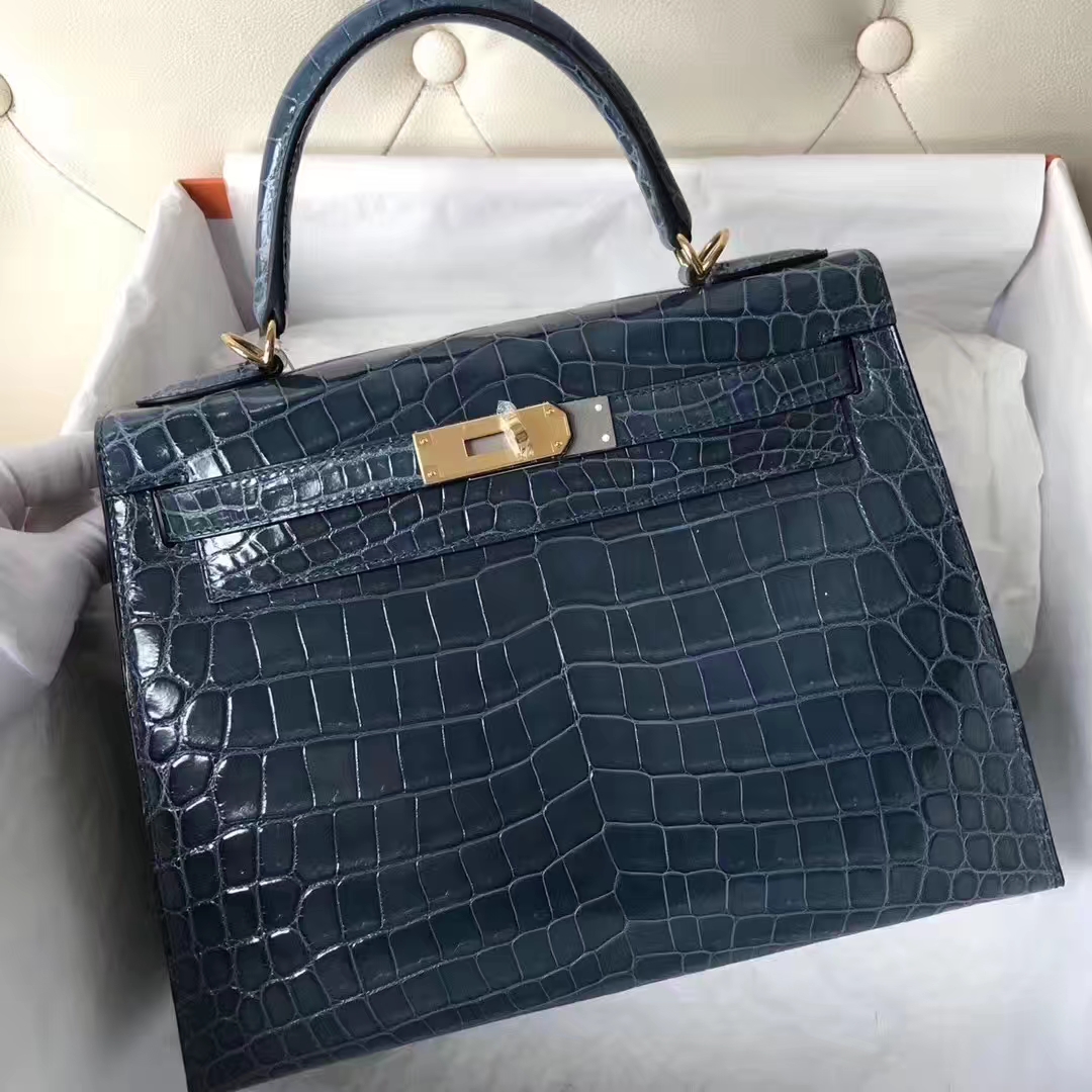 Hermès（爱马仕）Kelly凯莉包 Crocodile shiny 亮面鳄鱼1p 鸭子蓝 金扣 28cm