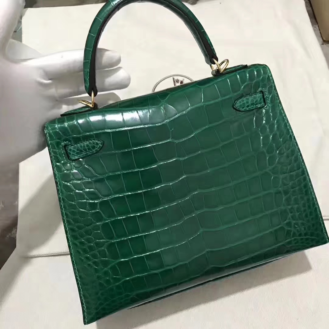 Hermès（爱马仕）Kelly Alligator shiny 亮面鳄鱼 6Ｑ 翡翠绿 金扣 25cm