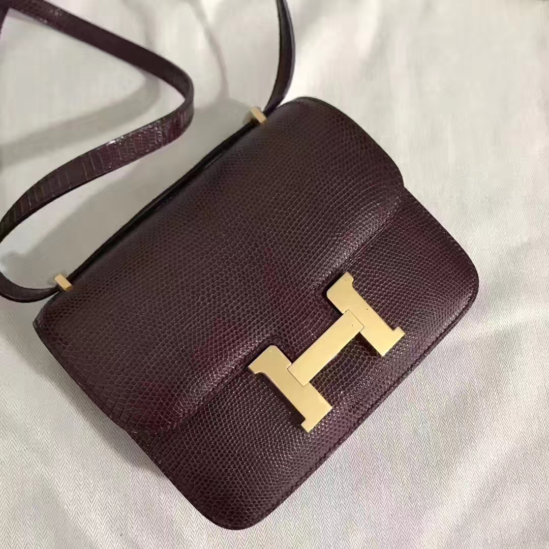 Hermès（爱马仕）Constance 空姐包 Lizard 进口亮面蜥蜴皮 ck57 波尔多酒红 18cm