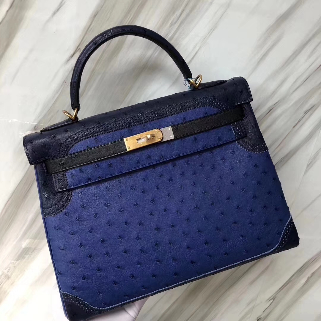 Hermès（爱马仕）Kelly凯莉包 Ostrich GHillies 蕾丝 鸵鸟 电光蓝拼黑色 金扣 32cm
