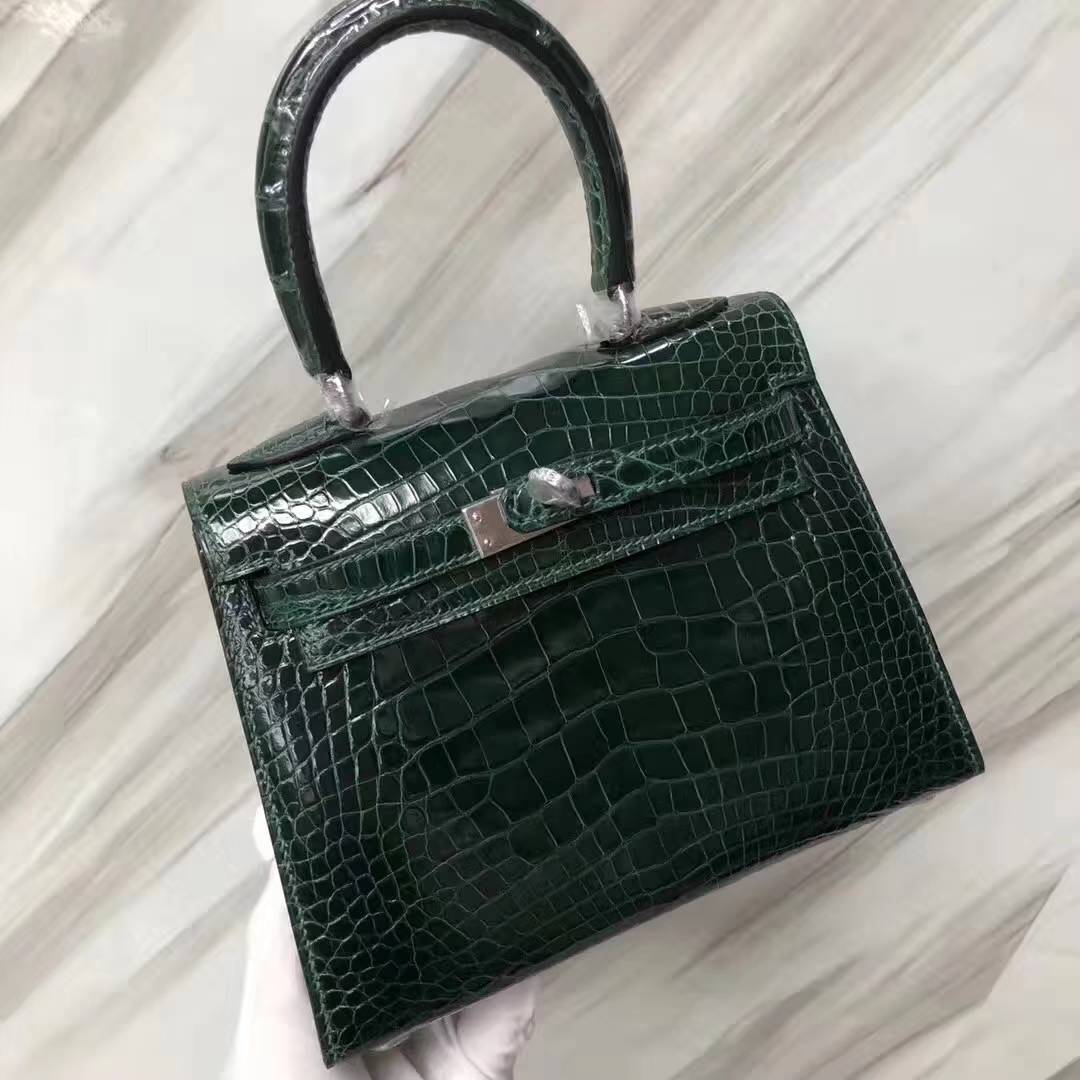 Hermès（爱马仕）Kelly20大耳朵 亮面框框美洲鳄 ck67祖母绿 顶级工艺 蜡线全手工 银扣