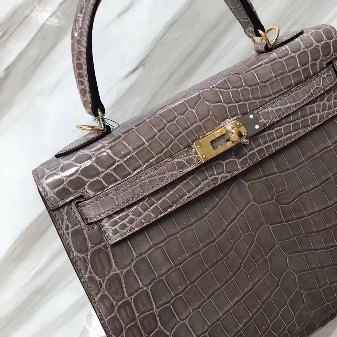 Hermès（爱马仕）Kelly凯莉包  shiny nilo crocodile 亮面两点尼罗鳄 ck81斑鸠灰 蜡线全手工 金扣 25cm