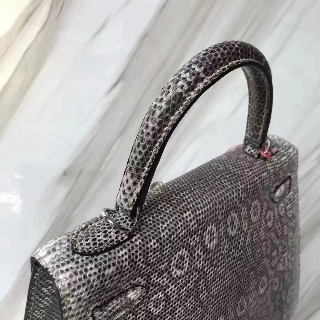 Hermès（爱马仕）Kelly凯莉包 Lizard 进口亮面蜥蜴 小喜马拉雅色 黑白色 银扣 25cm