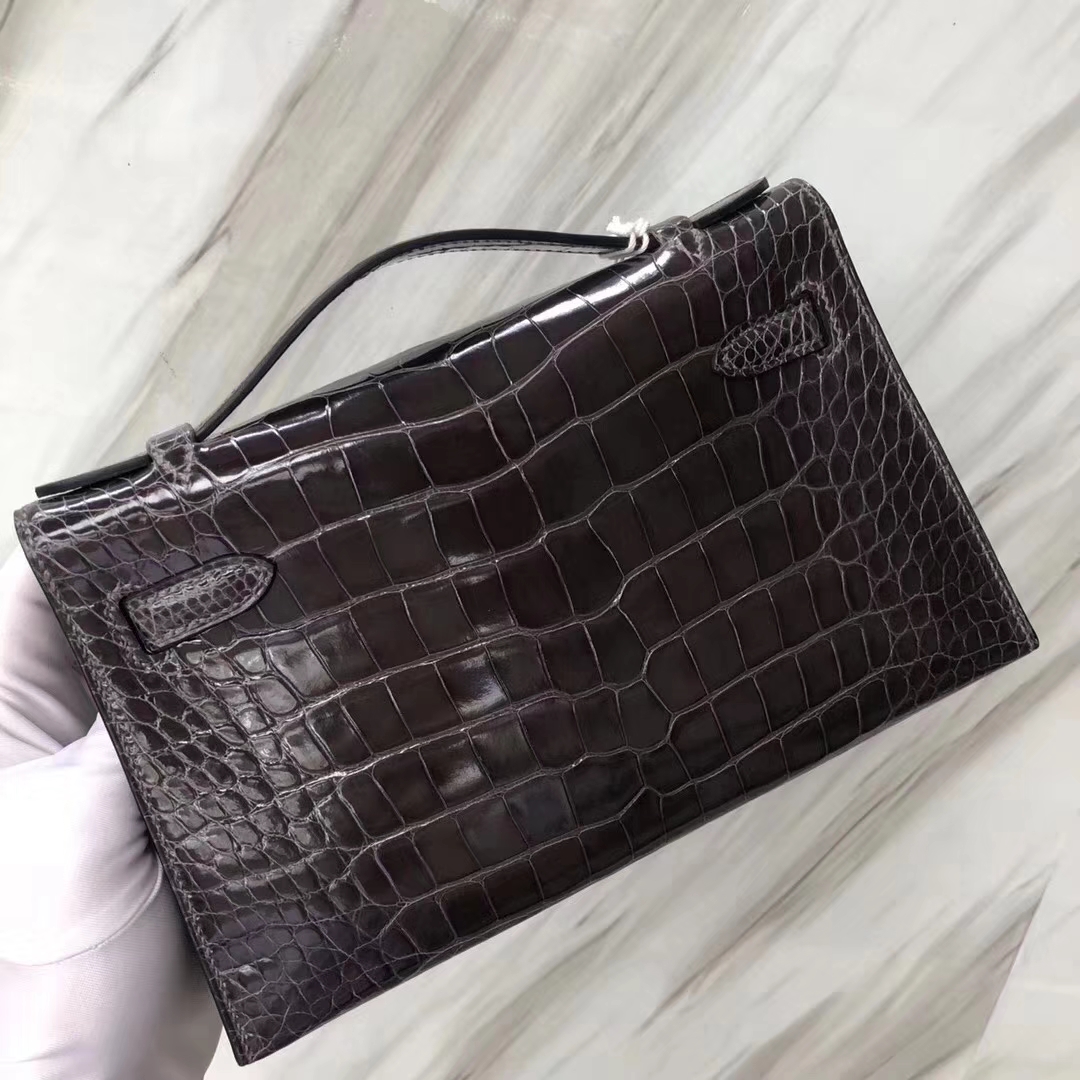 Hermès（爱马仕）Minikelly pochette 亮面鳄鱼 ck88 石墨灰 Graphite 金扣 22cm