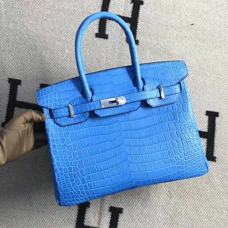 Hermès（爱马仕）Birkin铂金包 亚光湾鳄鱼皮 天空蓝 银扣 30cm