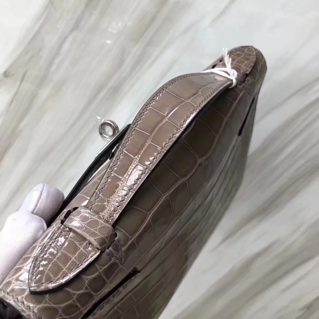 Hermès（爱马仕）Mini Kelly 亮面框框美洲鳄 ck81斑鸠灰 顶级工艺 蜡线全手工 银扣 22cm