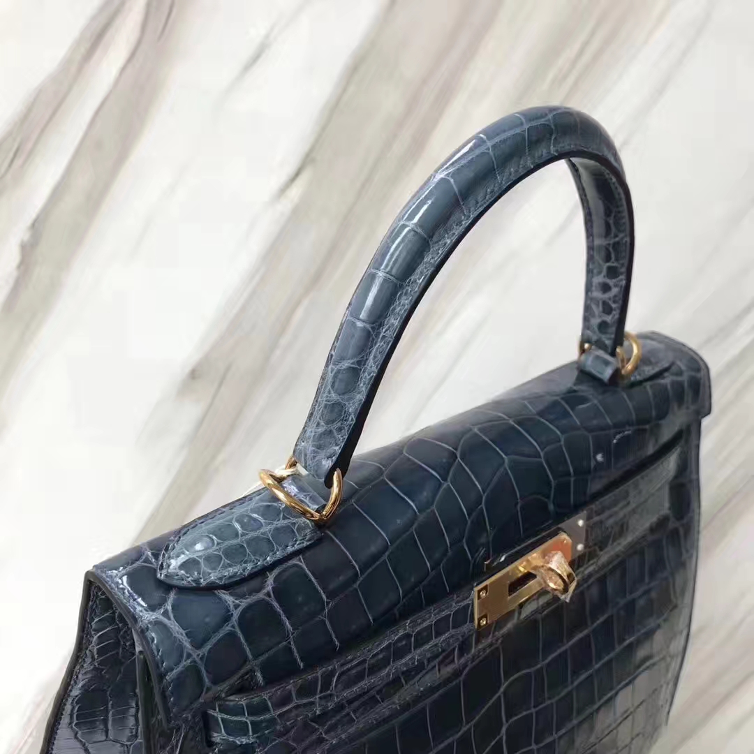 Hermès（爱马仕）Kelly凯莉包 Crocodile shiny 亮面鳄鱼1p 鸭子蓝 金扣 28cm