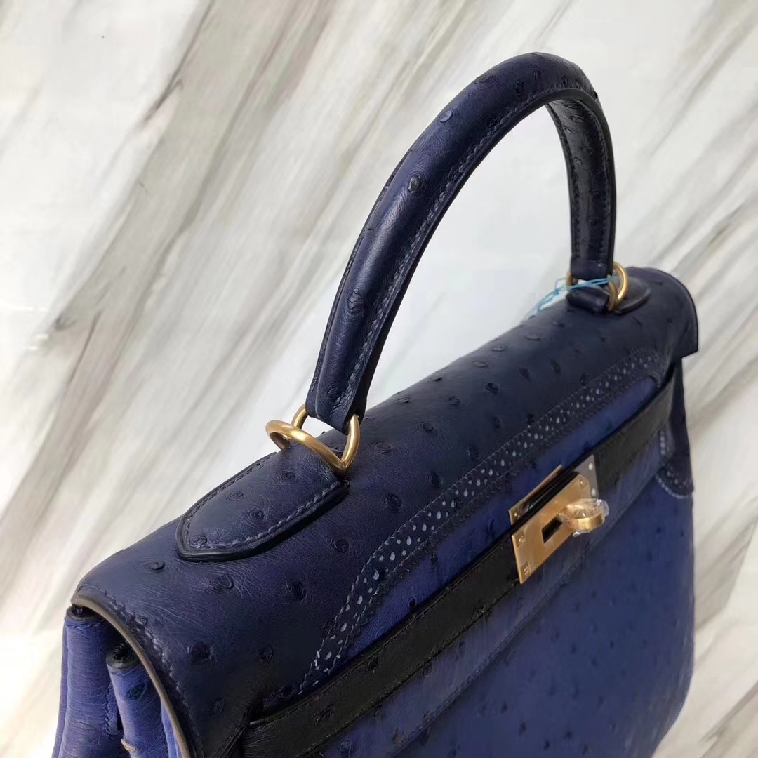 Hermès（爱马仕）Kelly凯莉包 Ostrich GHillies 蕾丝 鸵鸟 电光蓝拼黑色 金扣 32cm