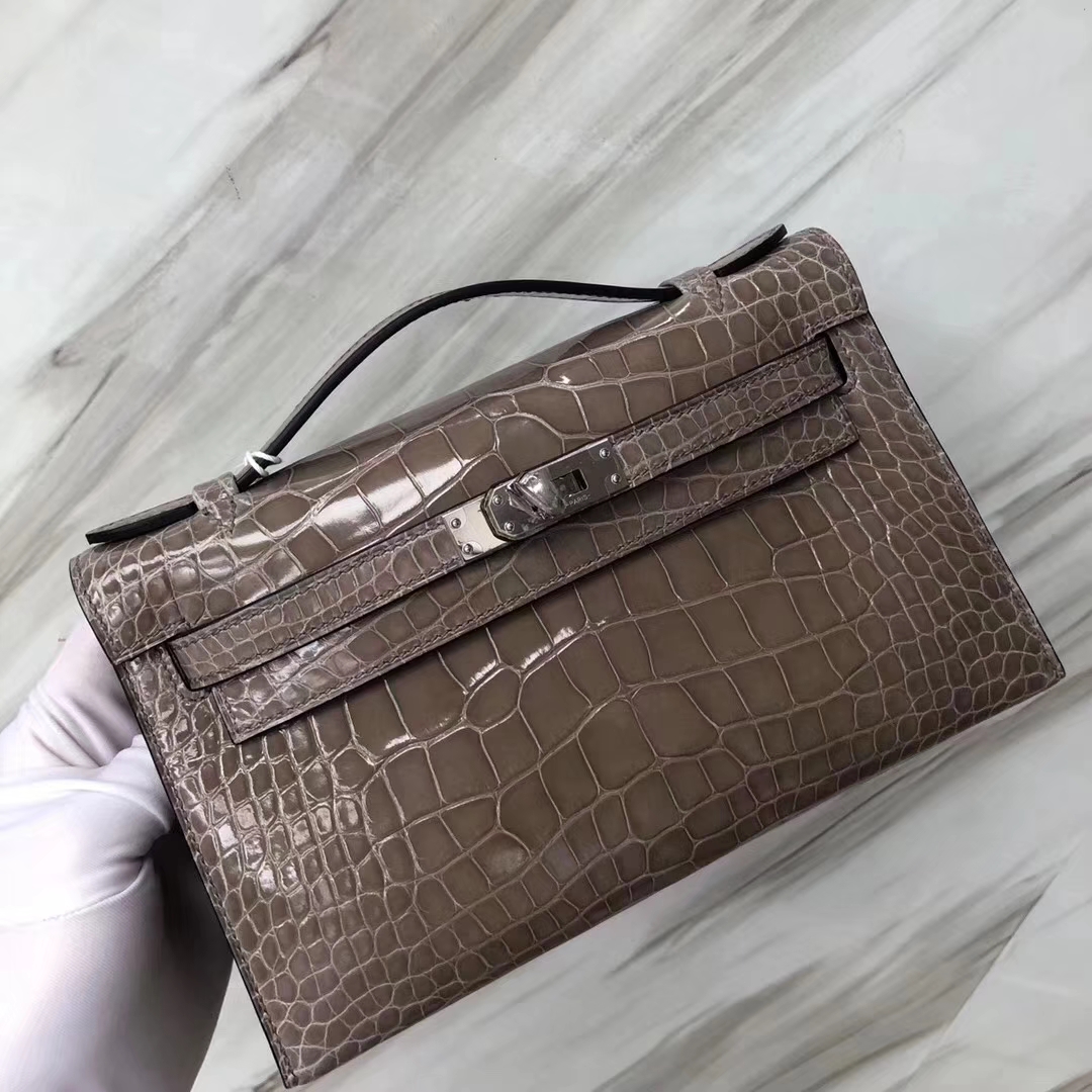 Hermès（爱马仕）Mini Kelly 亮面框框美洲鳄 ck81斑鸠灰 顶级工艺 蜡线全手工 银扣 22cm