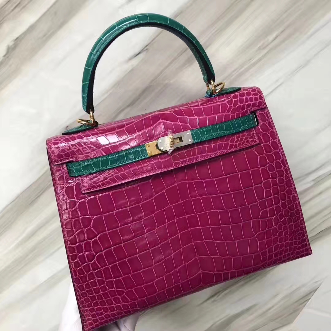 Hermès（爱马仕）Kelly 亮面澳洲湾鳄 J5 天方夜谭粉紫 6Ｑ翡翠绿 金扣 马蹄印 25cm