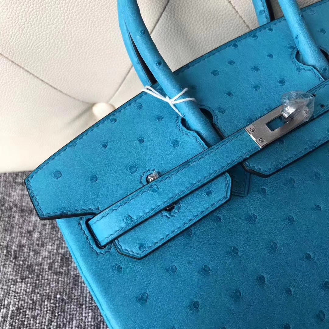 Hermès（爱马仕）Birkin铂金包 Ostrich kk鸵鸟 3p 马卡龙蓝 bule attol 银扣 顶级手缝 25cm 现货