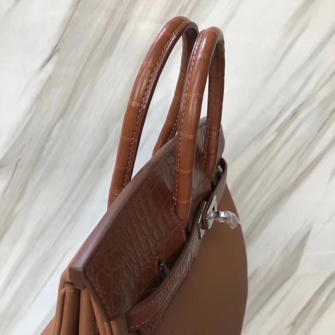 Hermès（爱马仕）Birkin铂金包 金棕色 touch 雾面鳄鱼拼小牛皮 玫瑰金 25cm