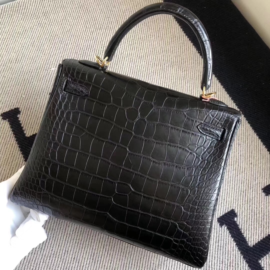 Hermès（爱马仕）Kelly Alligator matt 雾面鳄鱼 ck89 黑色 noir 金扣  顶级手缝 25cm 现货
