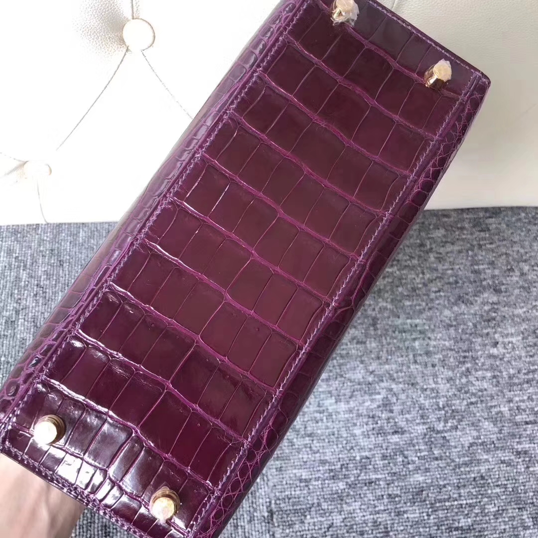 Hermès（爱马仕）Kelly凯莉包 Crocodile shiny 亮面鳄鱼N5 加仑紫 金扣 25cm