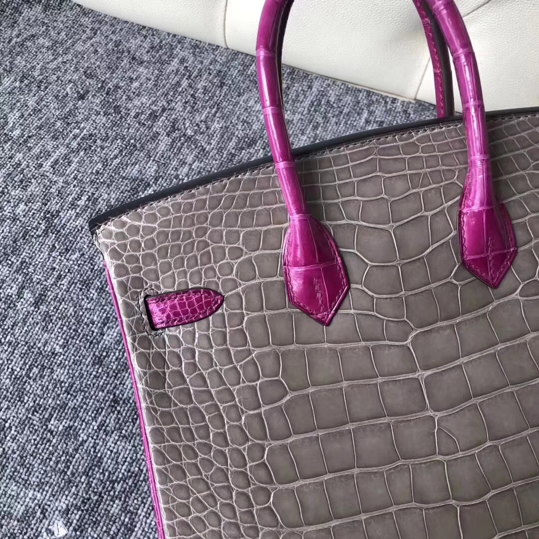 Hermès（爱马仕）Birkin铂金包 亮面框框美洲鳄 ck81斑鸠灰拼J5天方夜谭粉紫 蜡线全手工 金扣 25cm