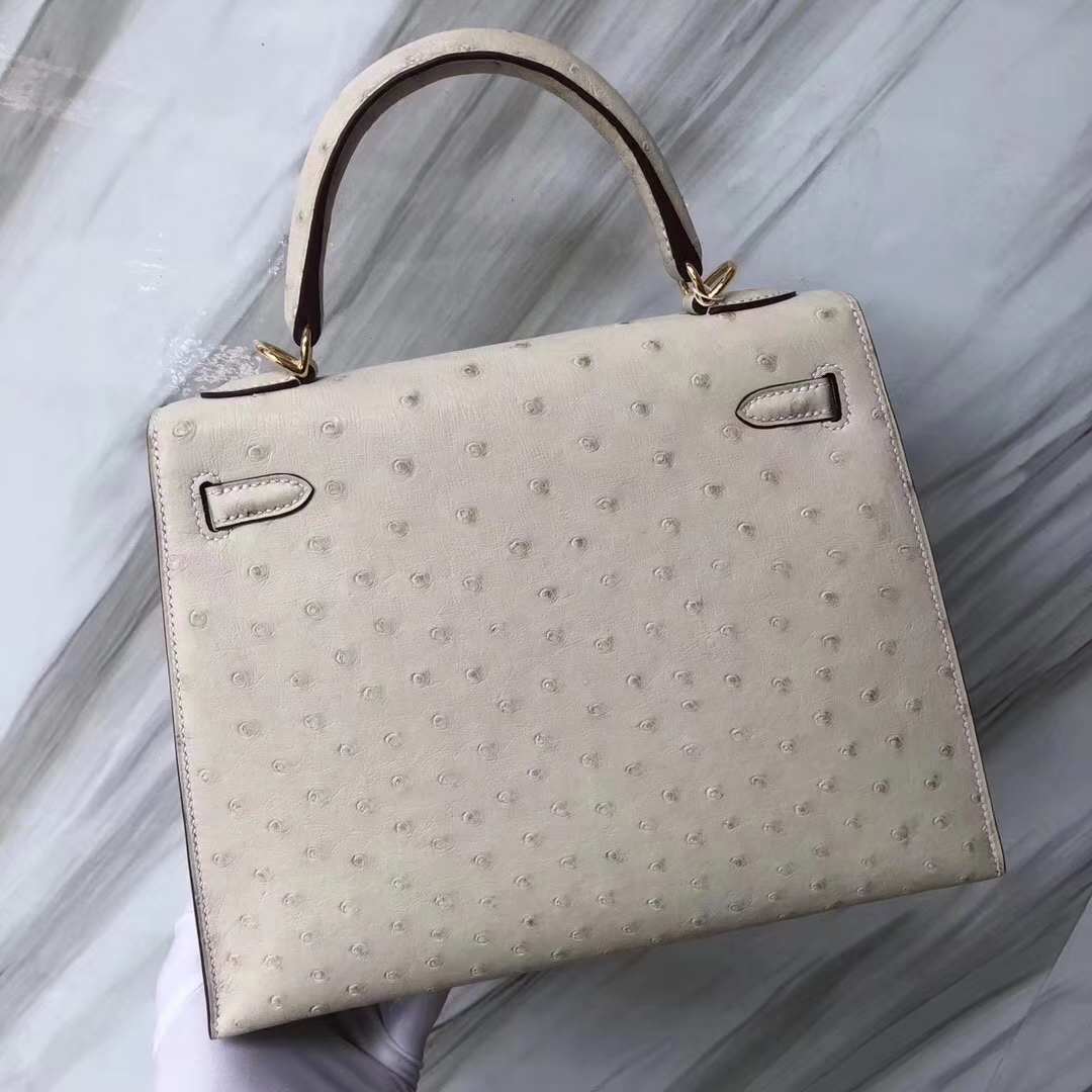 Hermès（爱马仕）Kelly凯莉包 Ostrich kk鸵鸟3C羊毛白 金扣  顶级手缝 25cm 现货