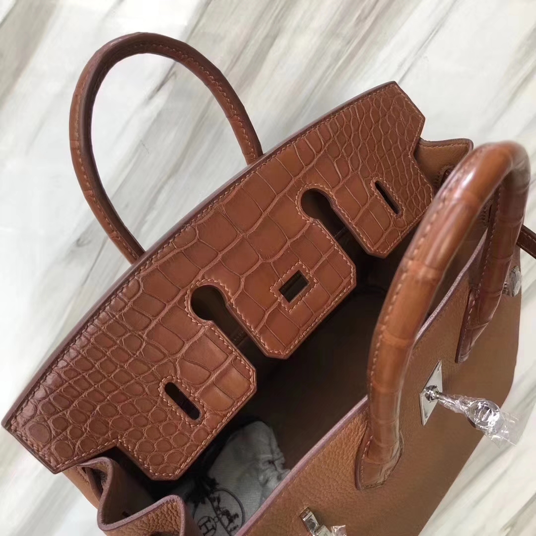 Hermès（爱马仕）Birkin铂金包 金棕色 touch 雾面鳄鱼拼小牛皮 玫瑰金 25cm