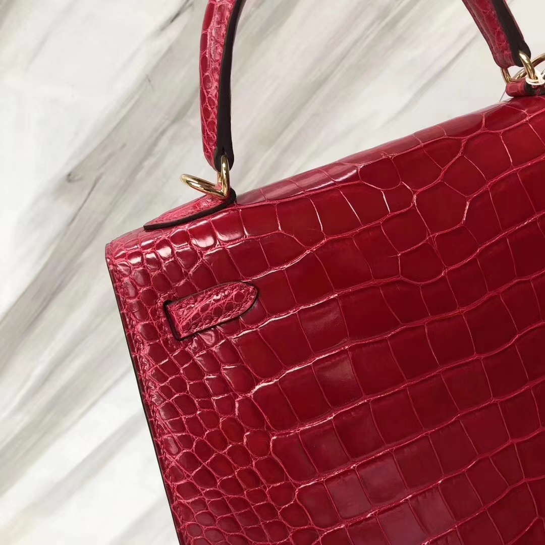 Hermès（爱马仕）Kelly凯莉包 亮面框框美洲鳄 Q5国旗红 顶级工艺 蜡线全手工 金扣 25cm