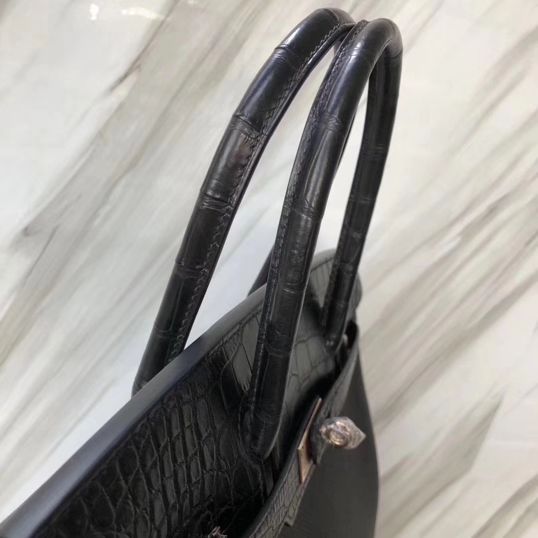 Hermès（爱马仕）Birkin铂金包 黑色 touch 雾面鳄鱼拼小牛皮 玫瑰金 30cm