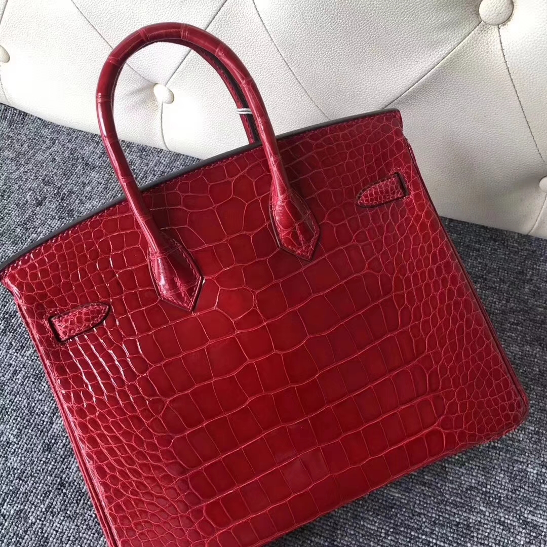 Hermès（爱马仕）Birkin铂金包 Alligator shiny 亮面鳄鱼 ck95 法拉利红 Braise 银扣 25cm