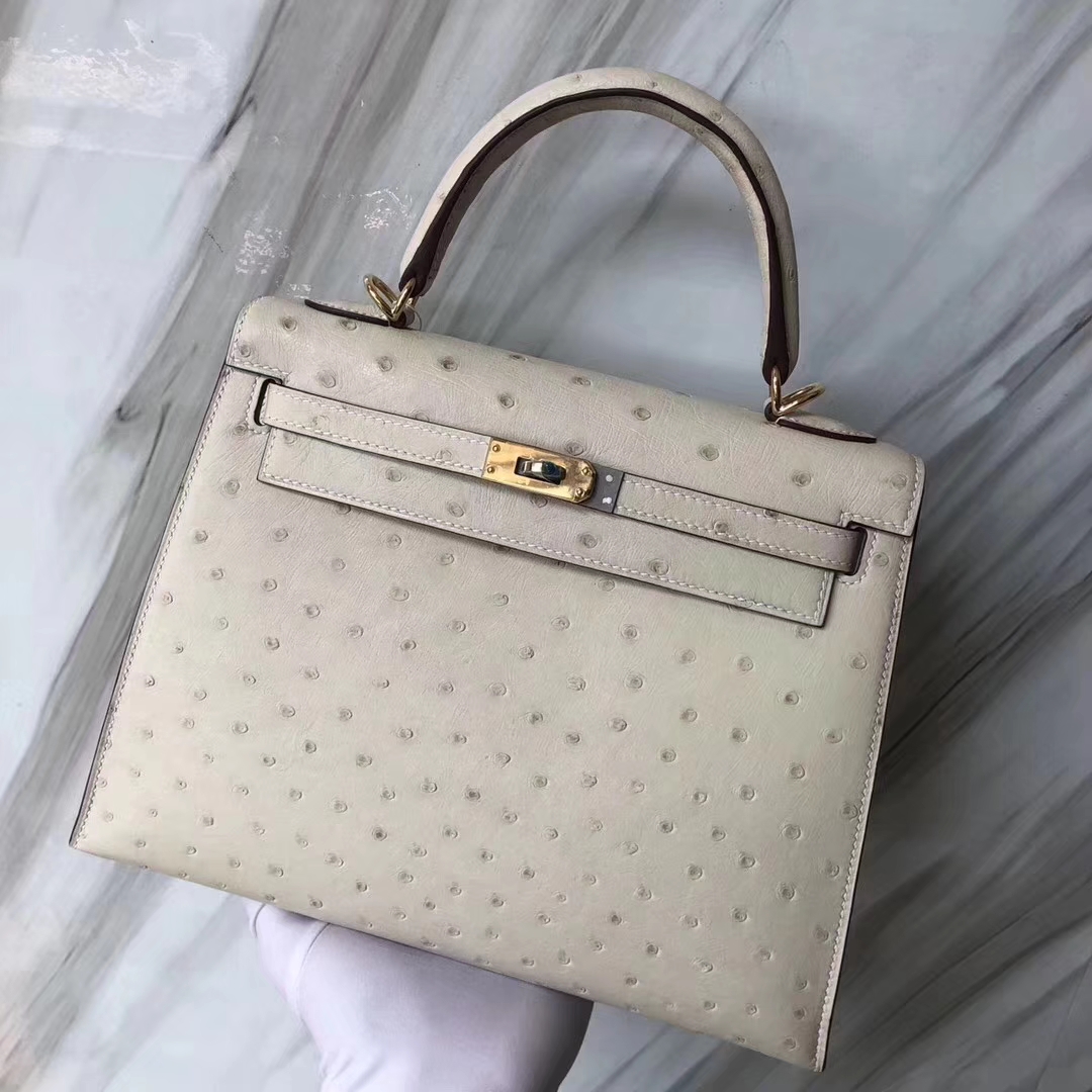 Hermès（爱马仕）Kelly凯莉包 Ostrich kk鸵鸟3C羊毛白 金扣  顶级手缝 25cm 现货