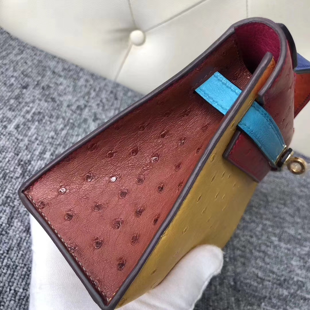 Hermès（爱马仕）Minikelly pochette 22cm Ostrich kk鸵鸟 彩虹包多拼色 金扣 马蹄印 限量
